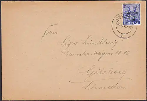 Karl Marx  50 Pfg SBZ-Aufdruck Kontrollratsausgabe auf Auslandsbrief aus Oschatz nach Göteburg - Schweden 5.10.48