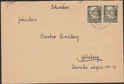 Rudolf Virchow SBZ 221 (2) 25 Pfg auf Auslandsbrief aus Oschatz nach Göteburg - Schweden portogenau