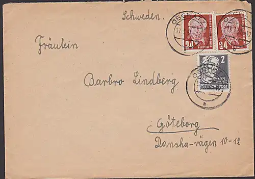 Käthe Kollwitz auf Auslands-Bf nach Schweden portogenau, Oschatz 17.3.51 mit Wilhelm Pieck SBZ 212 2 Pfg.