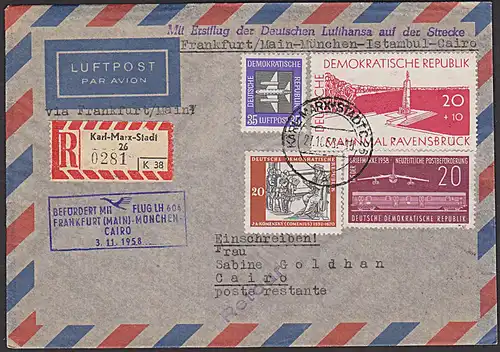 Lufthansa 1958 Erstfflug Frankfurt/Main-München-Istanbul-Cairo R-Brief Karl-Marx-Stadt 21.10.58