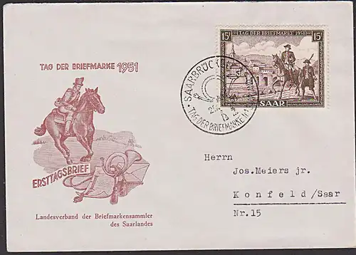 Saarland 305 FDC Schmuckbrief Tag de Briefmarke 1951 Postbote zu Pferd und Fuß Saarbrücken SoSt.