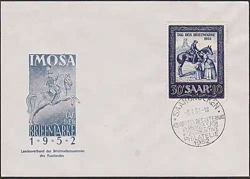 Saarland 316 Schmuckbrief Tag de Briefmarke 1952 Postbote mit Mutter und Kind Saarbrücken SSt. Philatelie 6.4.52