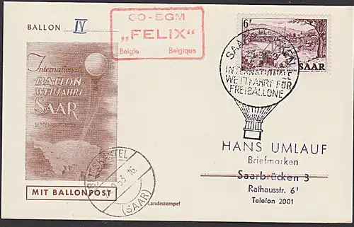 Ballonpost mit Mi.-Nr. 324 auf Anlasskarte Wettfahrt für Freiballone 1953 "FELIX"