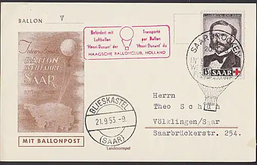 Ballonpost Henri Dunant Mi.-Nr. 343 auf Anlasskarte Wettfahrt für Freiballone 1953