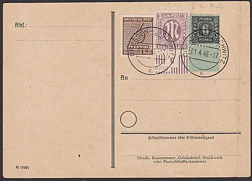 SBZ 8 6 Pf. Meckl.-Pommern in MiF 3 Pfg. AMP-Marke und OPD Leipzig, Nr. 8 mit sw. Punkt wie abgebildet PF ?