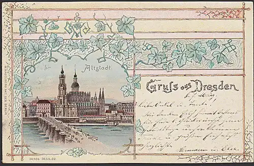 Dresden Litho Altstadt mit Elbe Verlg: W. Hagelberg Nr. 36904 Dess. 22 frankiert mit DR 53 katholische Hofkirche, Elbe