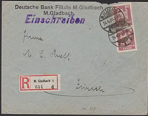 DR 359(2) 30 Pf Reichsadler Auslandsbrief aus Mönchen-Gladbach Einschreiben nach Zürich, Deutsche Bank