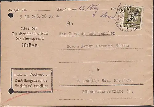 DR Dienstmarke 40 Pf Adler auf Brief mit Zustellungsurkunde aus Kötzschenbrode nach Meißen 27.12.26