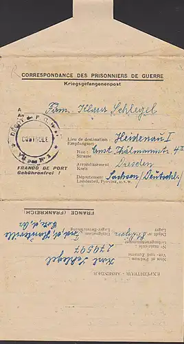 France Prisonniers de Guerre Kriegsgefangenenpost 1947 Cote de Or nach Heidenau Gebührenfrei Franco de Port