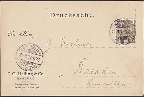 Werbung HAMBURG Raffiabast C. G. Helling & Co.mit 3 Pfg Germania Reichspost Nr. 54