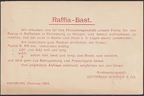 Werbung Hamburg Raffia-Bast Gottfried Schmidt & Co mit 3 Pfg Germania Nr. 69