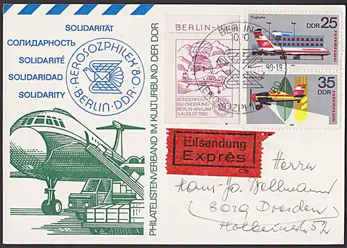 BERLIN-ANKLAM Sonderbeförderung 1980 mit INTERFLUG Solidarität Ausstellung AEROSOZPHILEX