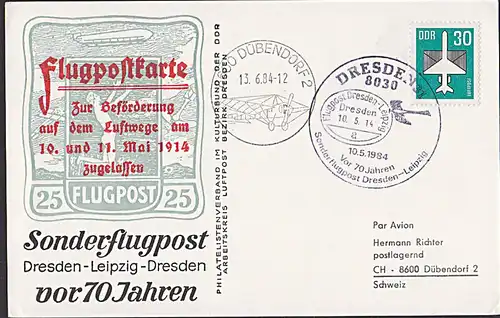 Flugpost Dresden-Leipzig Sonderbeförderung 1984 Taube Zeppelin Dübendorf