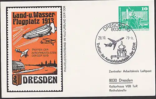 Germany DDR Dresden Land- u. Wasserflugplatz 1913 Ganzsachenkarte 1979 Zeppelin Übigau Zeppelin Taube, Elbe