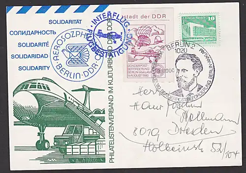 BERLIN-ANKLAM Sonderbeförderung 1980 mit INTERFLUG Solidarität Ausstellung AEROSOZPHILEX