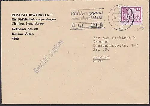 Dessau MWSt. Werbung DESSAU "Kühlwaggons aus der DDR" Geschäftspapiere