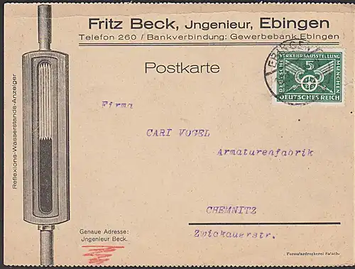 EBINGEN nach Chemnitz mit Werbung Reflexions-Wasserstand-Anzeiger 1925 DR 370 Karte
