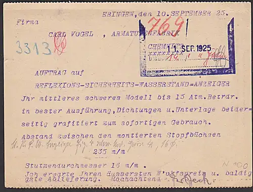EBINGEN nach Chemnitz mit Werbung Reflexions-Wasserstand-Anzeiger 1925 DR 370 Karte