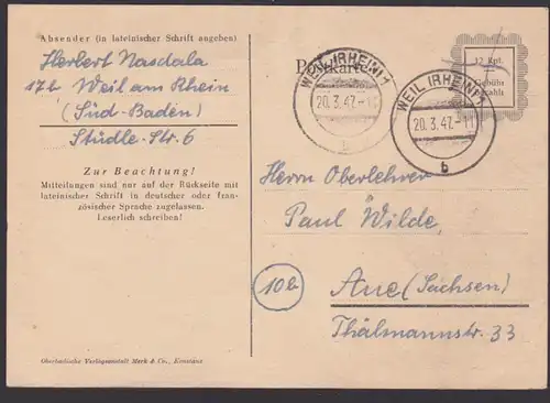 Weil (Rhein) nach der SBZ Aue 1947, 12 Rpf. Gebühr bezahlt Südbaden Behelfsausgaben P 836I