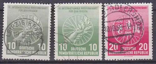 Internationale Radfernfahrt  für den Frieden 1956 10 Pf. in beiden Farben!  (Mi.-Nr. 521a, 521b und 522 38,-)