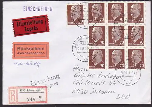 Walter Ulbricht auf RBf mit Eilzustellung und Rückschein aus Schwerin nach Dresden 1990, DDR 70 Pf. (10)