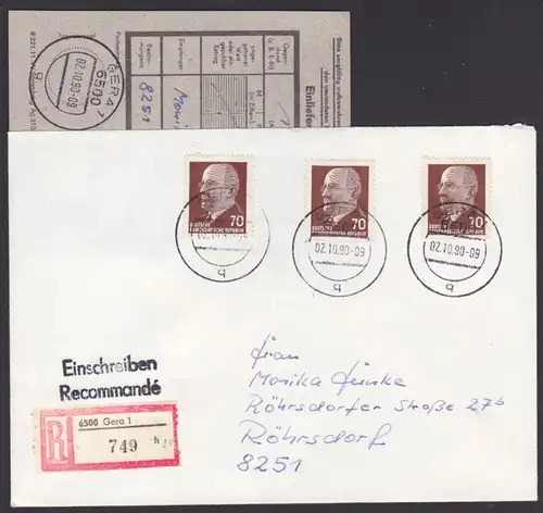 Walter Ulbricht DDR 70 Pf(3) Einschreiben Gera DDR-Letzttag 2.10.90, mit Einlieferungsschein