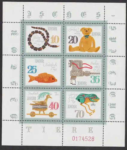 Kleinbogen II mit ndgz Oberrand 2661/6 **, historisches Spielzeug Gliederschlange Teddybär Steckenpferd Kuckuck