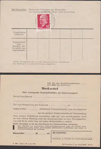 Postintern Merkzettel ... Postmietbehälter mit Dv: C 1094 3339 4,0 Bl * 100 (996), Dierhagen 30 Pf. W. Ulbricht