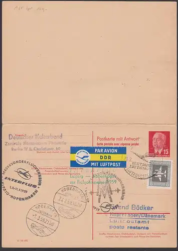 Messesonderflug nach Kopenhagen 15 /15 Pf.  Ganzsachen-Doppelkarte W. Pieck P65 kpl., 1959 Lufthavn