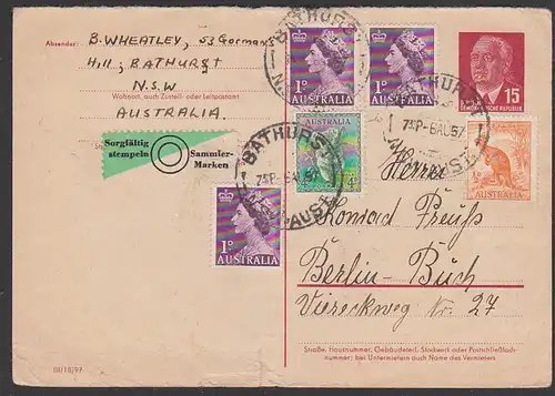 Australia Bathurst Antwortkarte auf 15 Pf.  Gansachenkarte W. Pieck P65A, Bedarfserhaltung 1957, Kängeruh