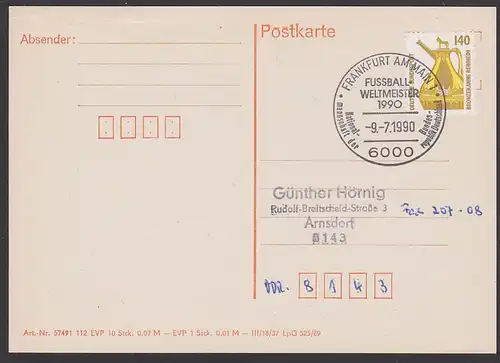 Fussball-Weltmeisterschaft football, Frankfurt (Main), SoSt. 1990 Nationalmannschaft, 140 Pf. Bronzekanne