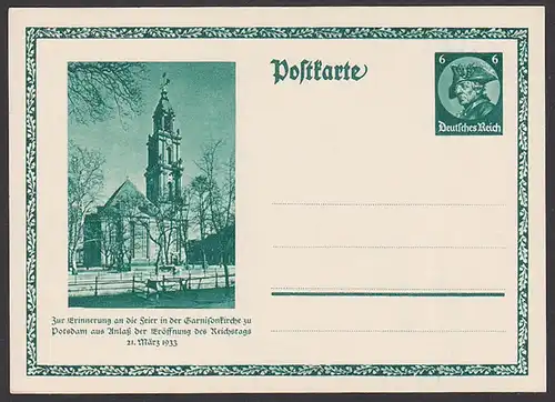 Potsdam Garnisionskirche Deutsches Reich Bild-Postkarte ungebraucht 6 Pf. Eröffnung des Reichstages 21. März 1933