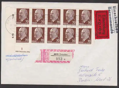 Walter Ulbricht 70 Pf in10er Einheit DDR 938(10), R-Eil-Brief mit eigenhändig vom 7.9.90 n. BERLIN West