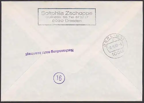 Walter Ulbricht 70 Pf in10er Einheit DDR 938(10), R-Eil-Brief mit eigenhändig vom 7.9.90 n. BERLIN West