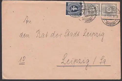 SBZ Hainsberg 10 Pf(2) OPD Ostsachsen in MiF mit 4 Pf Ziffern 14.3.46 nach Leipzig an Behörde