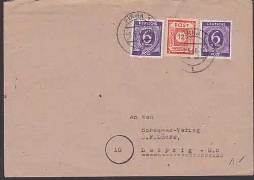 Pirna 2.5.46, portogenau SBZ 12 Pf.  OPD Ostsachsen 58 in MiF mit 6 Pfg. Ziffern,