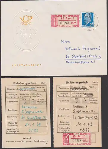SbPA 65 GERA Einschreiben "Gebühr bezahlt" mit Einl.-Schein Versuchsausgabe 1Cx  11.1.68, mit Durchschlagsblatt
