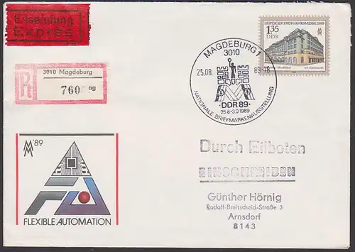 Magdeburg Ausstellung DDR U9, rs. Eing.-St., Handelshof am Naschmarkt Leipziger Frühjahrsmesse 1989 Eil-R-Brief