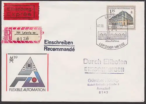 Leipziger Frühjahrsmesse 1989 Eil-R-Brief Leipzig Altes Rathaus DDR U9, rs. Eing.-St., Handelshof am Naschmarkt