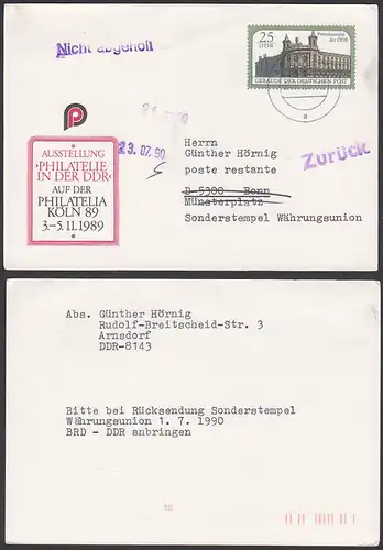 Postmuseum der DDR, 25 Pf DDR P104 nach Bonn mit "zurück-Vermerk" Währungsunion, Arnsdorf 25.6.90