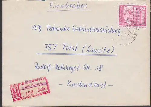SbPA Postamt Gatersleben auf Gernrode, amtlich korrigiert, R-Bf DDR 2C  nach Forst