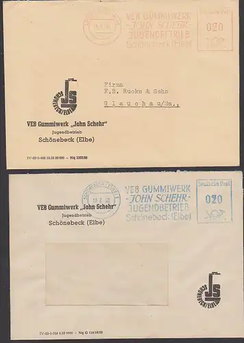 Schönebeck (Elbe) AFS Gummiwerk -John Schehr- Jugendbetrieb 1960 blau als Dienstpostbrief, 1961 in rot