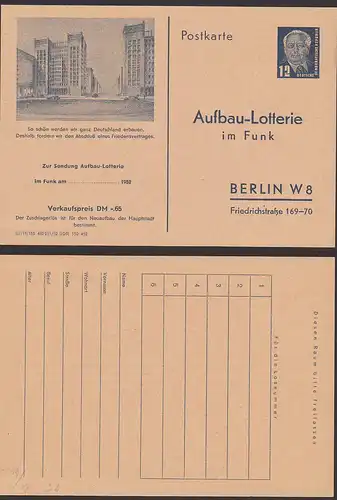Germany East Berlin Stalinallee peace Friedensvertrag Aufbau-Lotterie im Funk DDR FP1, unused