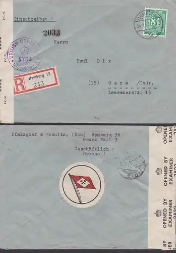 british Censorship Germany 5783, R-Bf Hamburg 12 nach Gera mit 84 Pf Ziffern, rs. Vignette Flagge Hammer/ Schlägel
