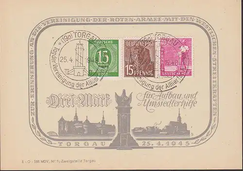 Torgau Germany Tag der Vereinigung der Alliierten 25.4.1948, Gedenkblatt Rote Armee und westliche Streitkräfte 1945