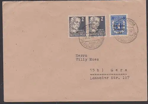 Dohna über Heidenau, Fernbrief mit 20 Pf. Bärenausgabe mit SBZ und 2 Pf Käthe Kollwitz portogenau 1949