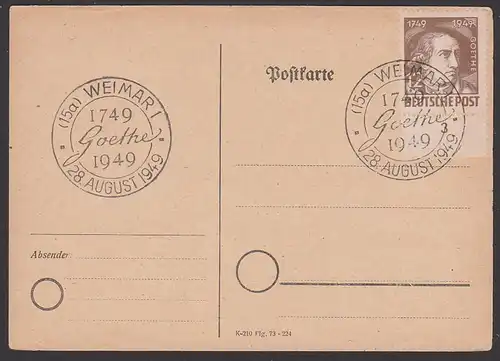 Johann Wolfgang von Goethe in der Campagne, 1749 - 1949 SoSt. Weimar 12+8 Pf Unterrand auf Postkarte
