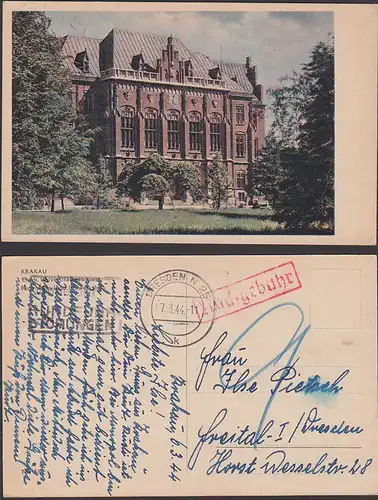 Krakau Ansichtskarte 6.3.44 nach Freital, MWSt. "vermeidet Rundfunkstörungen" Dresden N25 Nachgebühr, Uni-Gebäude