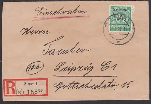 Zittau SBZ  211 R-Brief  28.2.48 nach Leipzig, rs. Eingangsstempel
