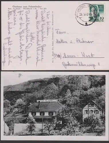 Waldkirch Breisgau Gasthaus zum Felsenkeller, Gasthof 1947 mit 12 Pf Johann Peter Hebel Ausgabe Baden, Fotokarte
